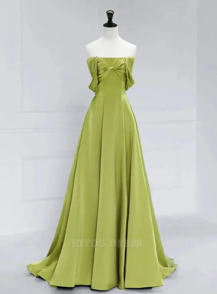A-line Off The Shoulder Green Satin Long formal dresses Bridesmaid Dresses evening gown Prom Dress
