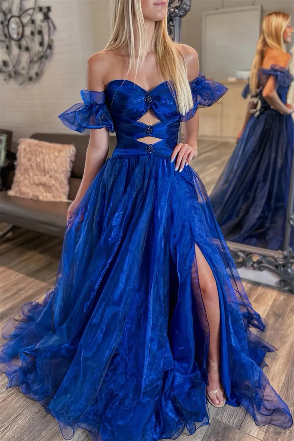 A Line Off the Shoulder Royal Blue Long Prom Dress with Keyhole