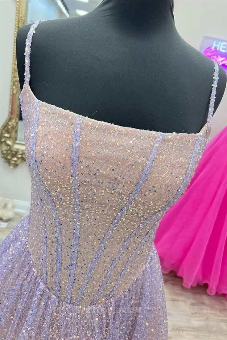 A-Line Spaghetti Straps Sequins Princess Pink formal dresses Bridesmaid Dresses evening gown Prom Dress