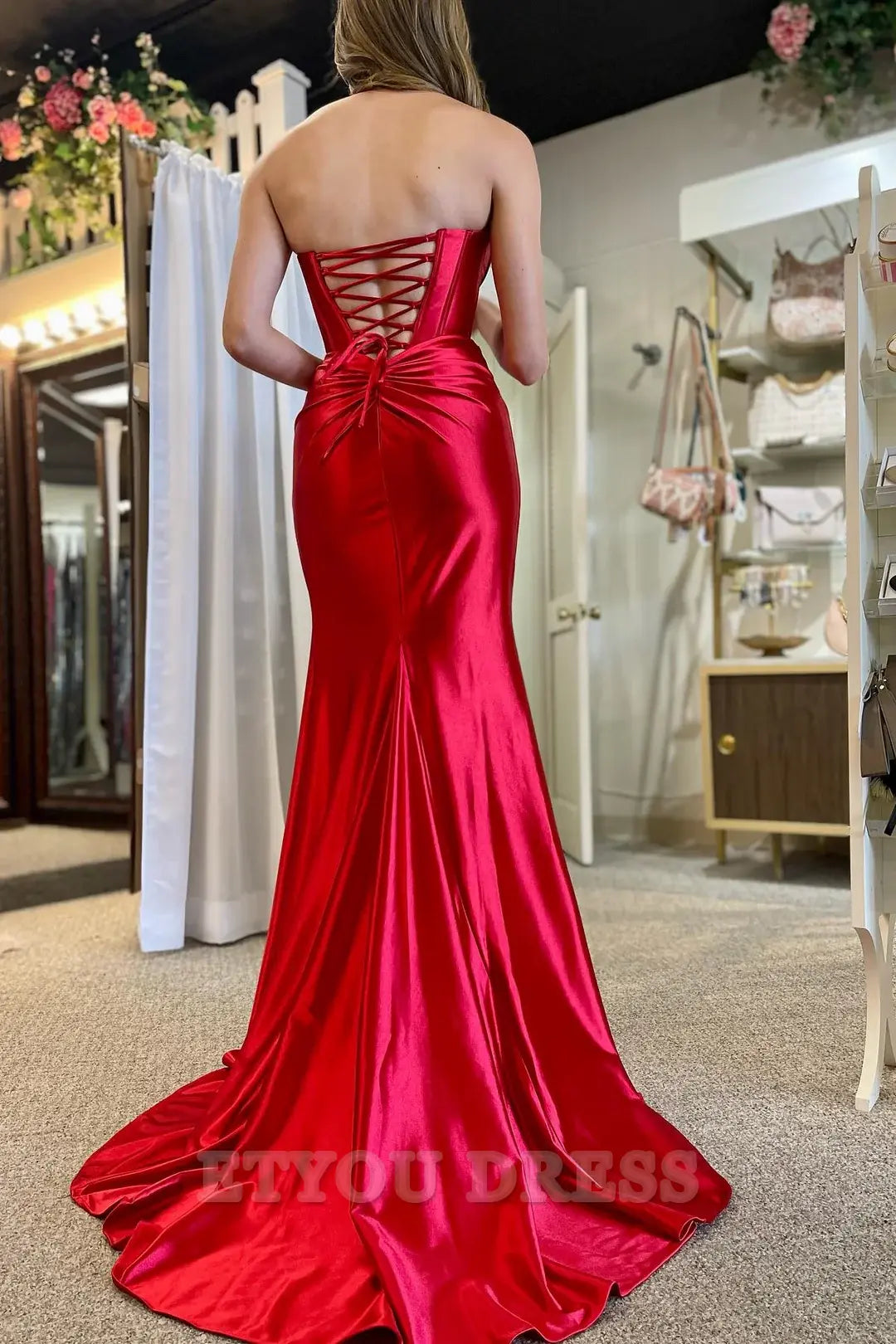 Mermaid Strapless Twist-Front Red Long formal dresses evening gown Prom Dress with Slit