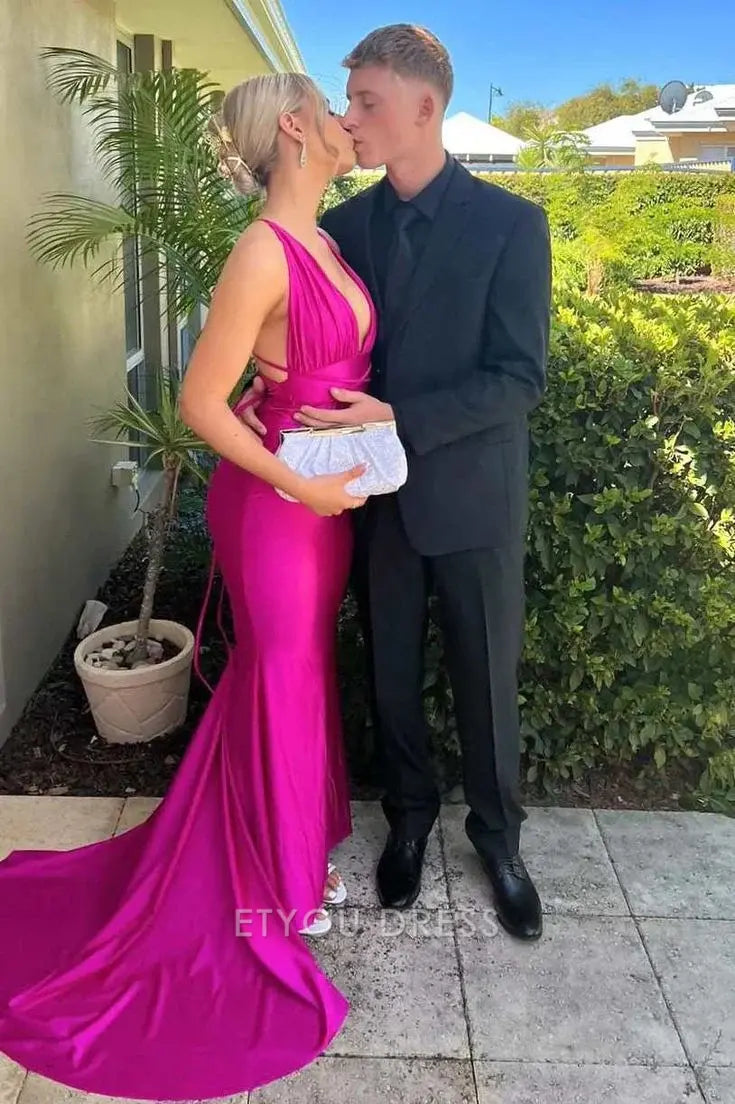 Mermaid Deep V Neck Satin Long formal dresses Bridesmaid Dresses evening gown Prom Dress