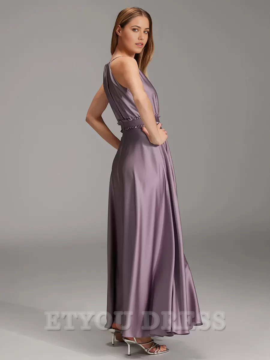 A-Line Floor-Length Satin formal dresses evening gown Prom Dress With Side Slit