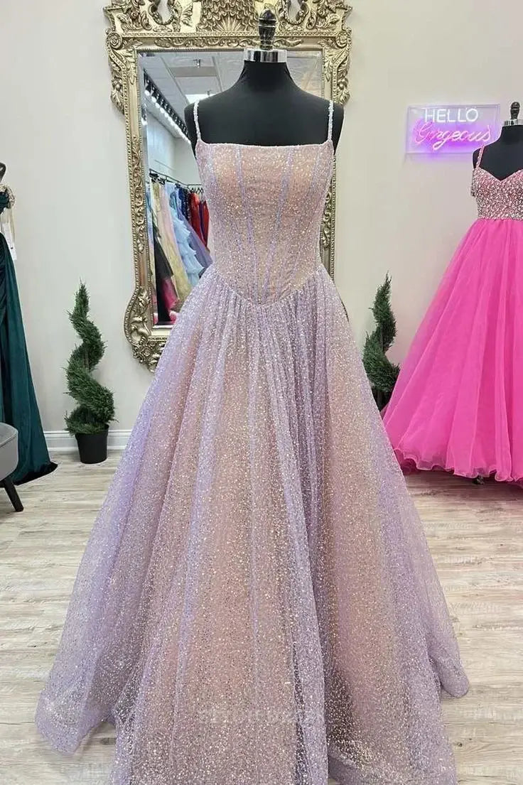 A-Line Spaghetti Straps Sequins Princess Pink formal dresses Bridesmaid Dresses evening gown Prom Dress