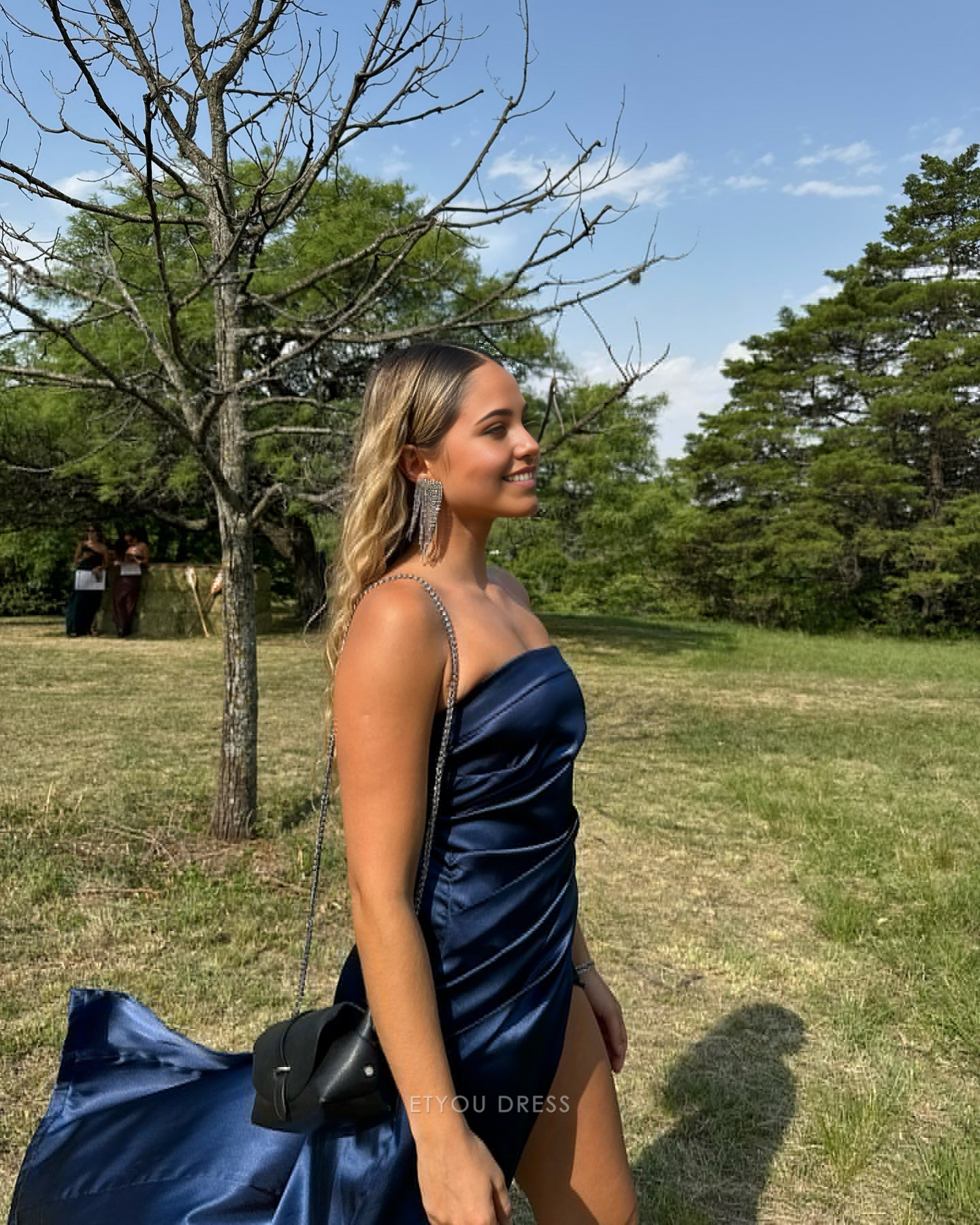 A-line Strapless Satin Blue formal dresses Bridesmaid Dresses evening gown Prom Dress With Split