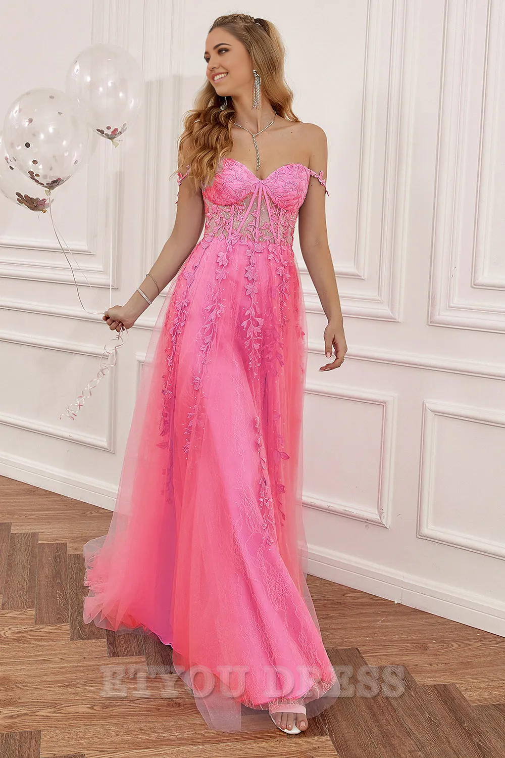 A-line Off the Shoulder Hot Pink formal dresses Bridesmaid Dresses evening gown Prom Dress with Appliques