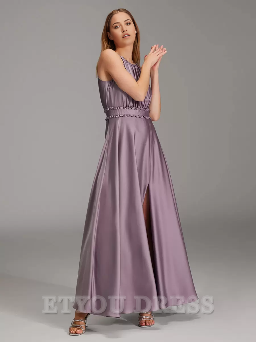 A-Line Floor-Length Satin formal dresses evening gown Prom Dress With Side Slit