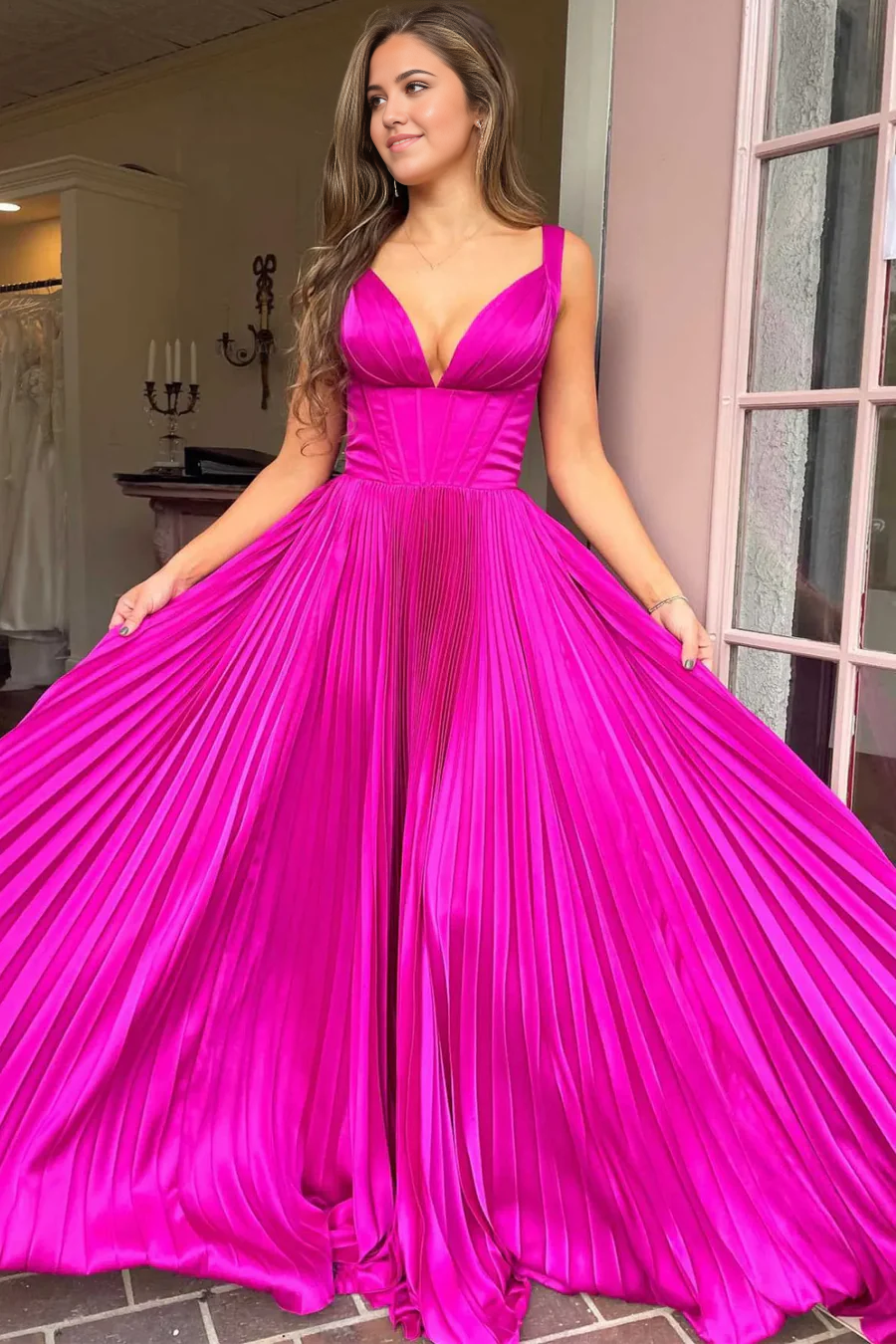 A-Line V-Neck Straps Pleated Empire-Waist Sleeveless Long formal dresses evening gown Prom Dress