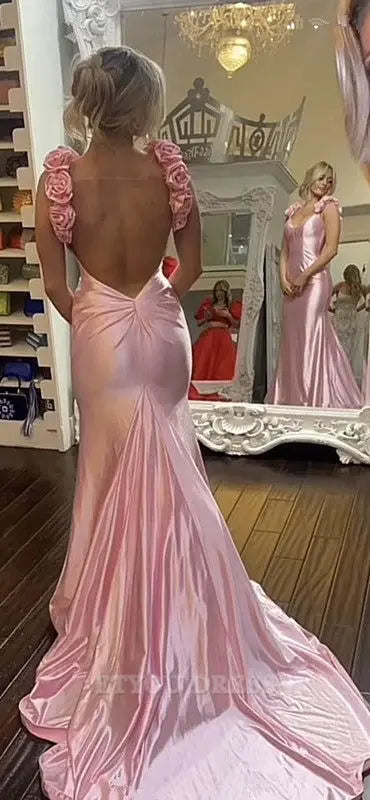 Mermaid Straps Satin Backless Pink formal dresses Bridesmaid Dresses evening gown Prom Dress