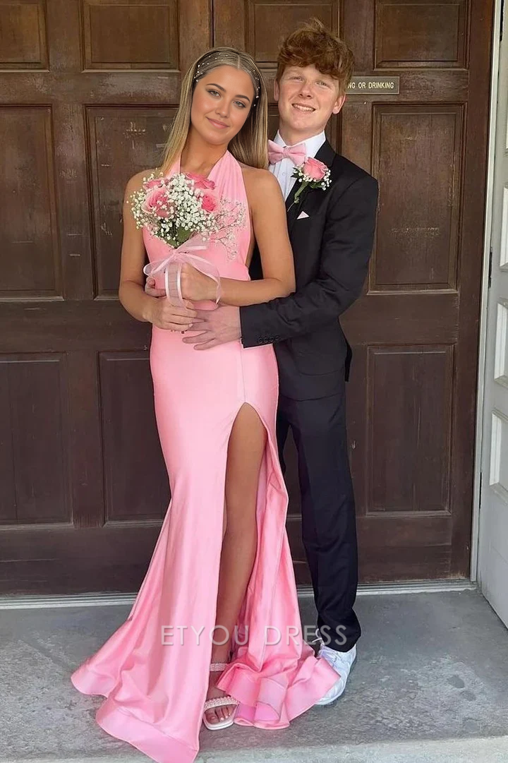 Mermaid Halter Satin Pink Long formal dresses Bridesmaid Dresses evening gown Prom Dress With Slit