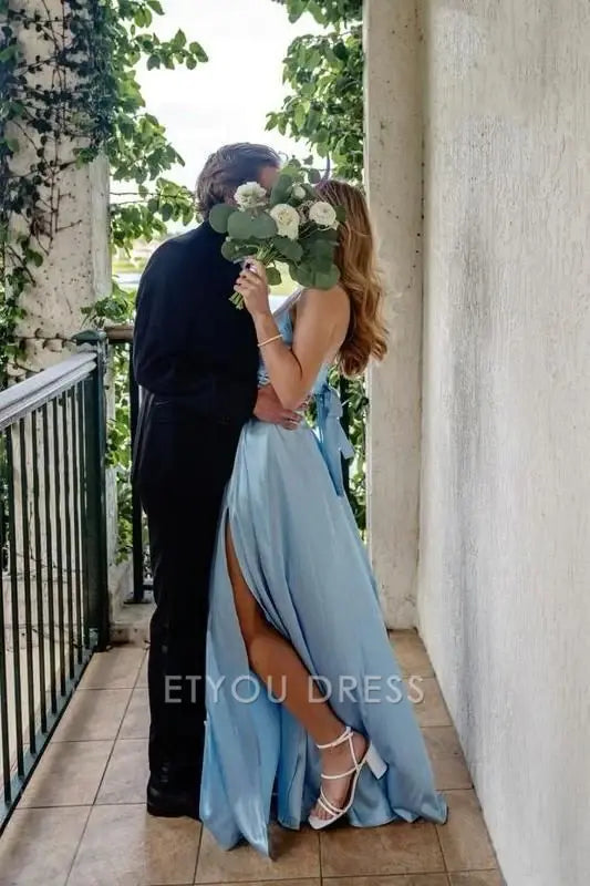 A line Straps Blue Satin formal dresses Bridesmaid Dresses evening gown Prom Dress