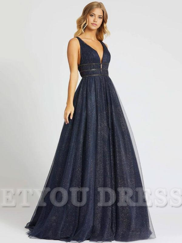 A-line Princess V-Neck Sleeveless Backless Sequins Tulle formal dresses Bridesmaid Dresses evening gown Prom Dress
