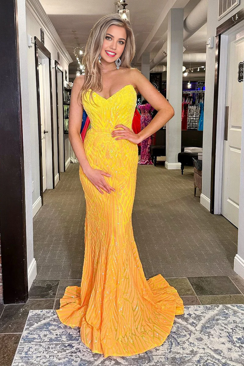 Mermaid Strapless Yellow Sequins Long Prom Dress