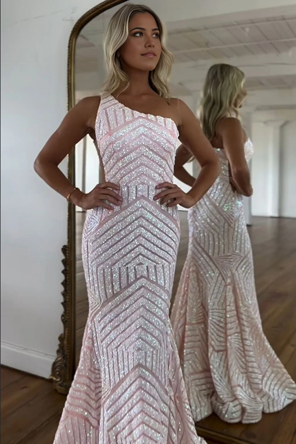 Mermaid Sparkly Sequin One Shoulder Pink Long Corset formal dresses evening dress Prom Dress