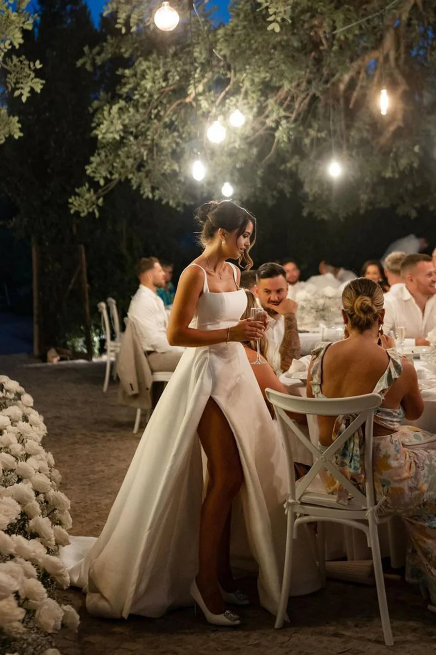 A Line Square Neck Satin formal dress evening gown Long Prom Dresses Wedding Dresses with Slit