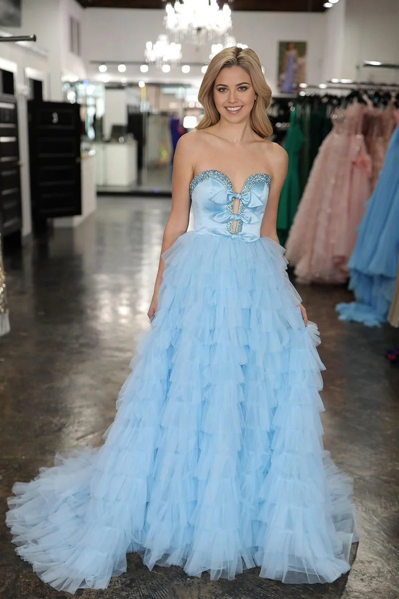 A-Line Sweetheart Ruffle Tiered Light Blue Long Prom Dress with Beading