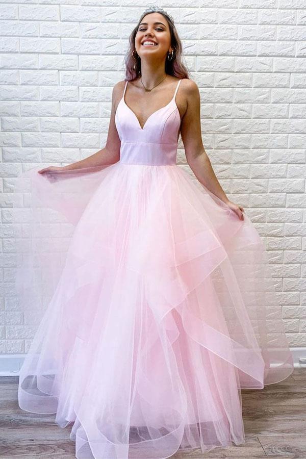 Simple Spaghetti Straps Pink Tulle Ruffles Long evening gown Formal Dress Prom Dress
