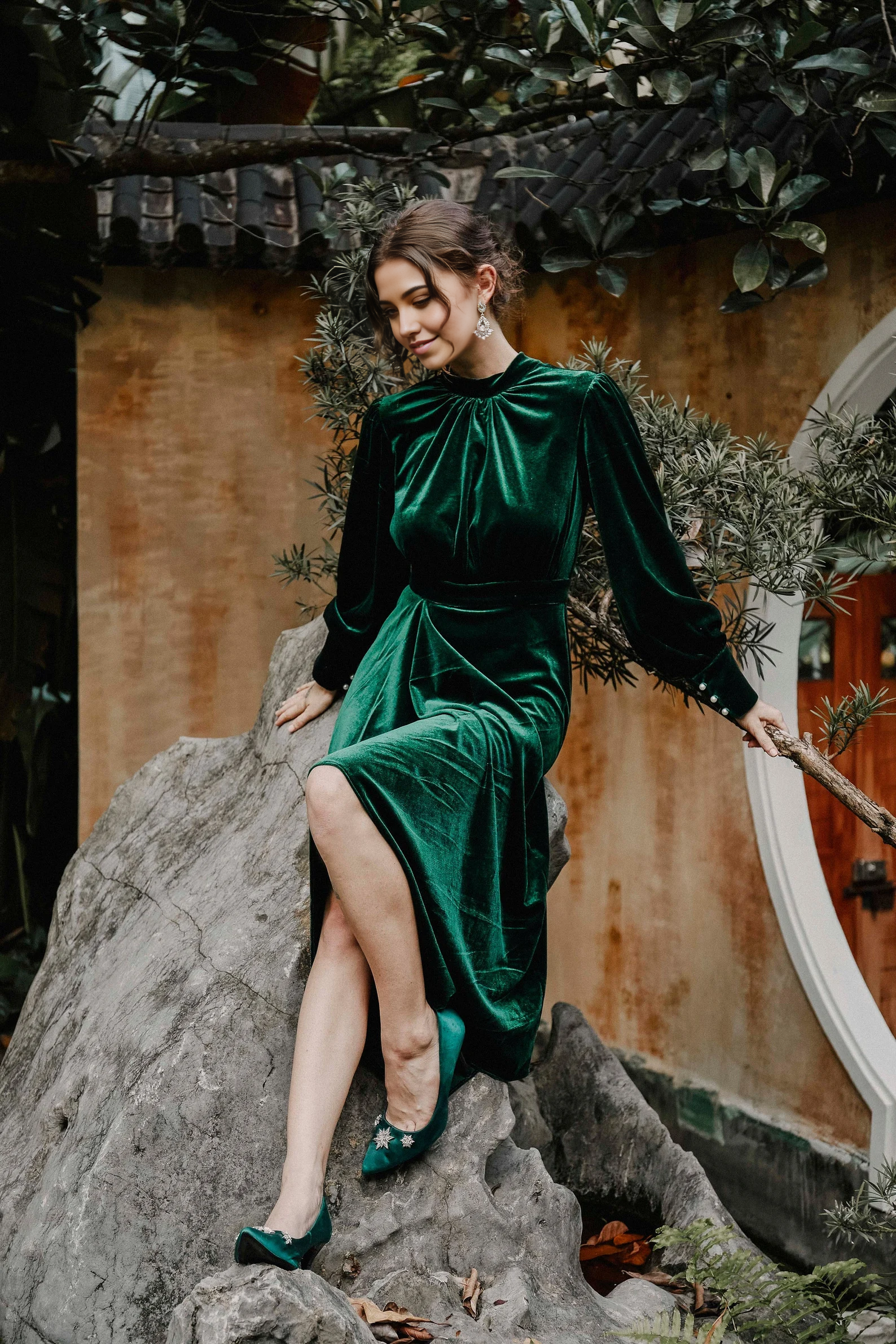 Elegant Long Sleeve Emerald Green Velvet formal dresses evening dress prom dresses
