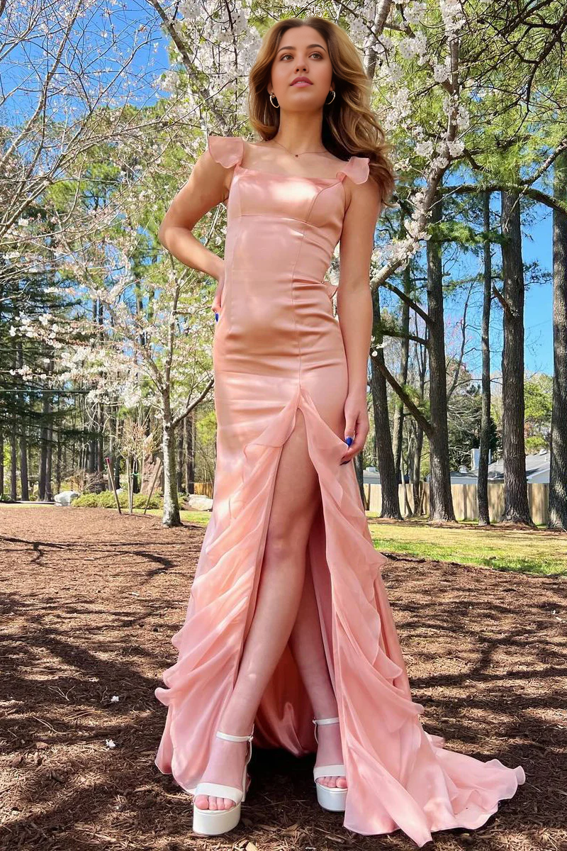 Square Neck Ruffle Chiffon Pink Long Prom Dress with Slit