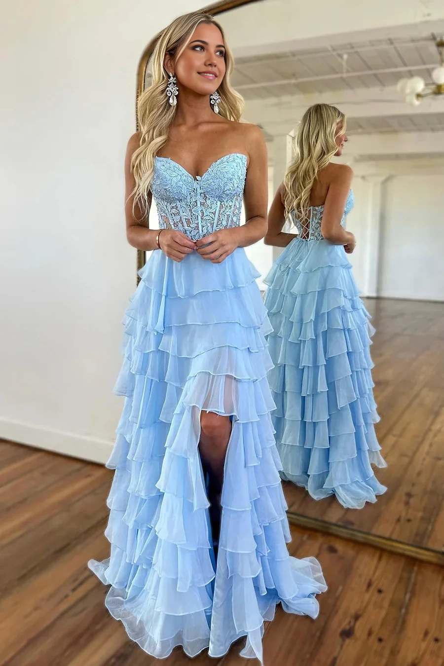 A-Line Cute Strapless Light Blue Ruffle Tiered Chiffon Long Prom Dress