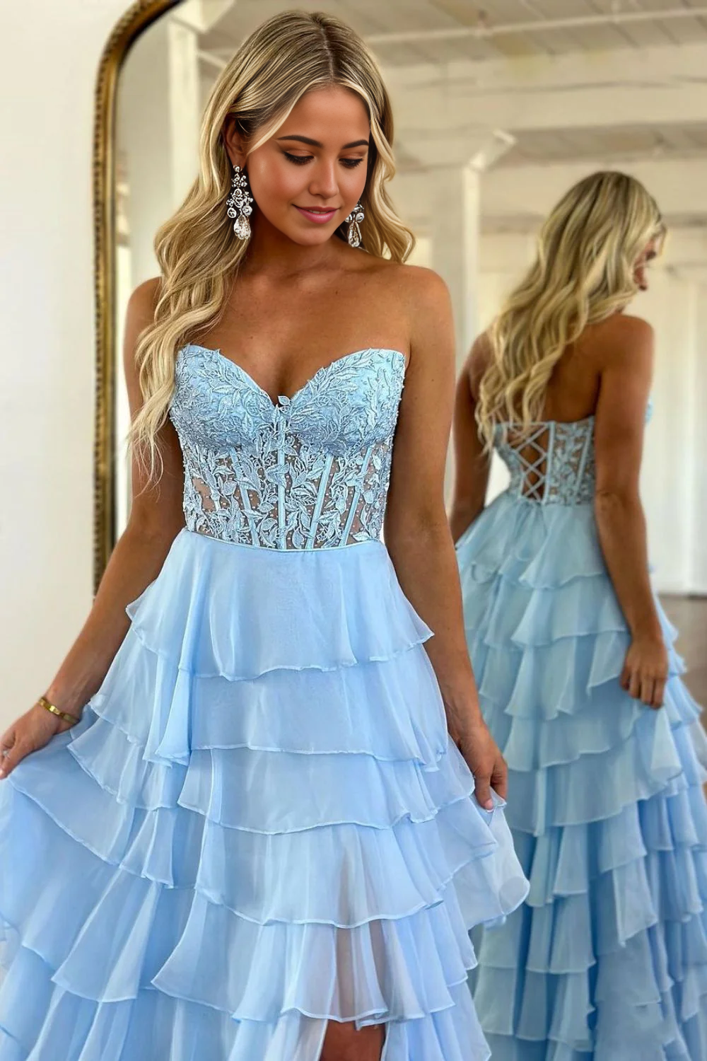 A-Line Sweetheart Light Blue Long Lace Chiffon Prom Dress With Slit