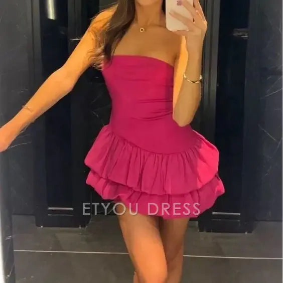 A Line Strapless Ruffle Pink Short Homecoming Dress formal dresses Bridesmaid Dresses evening gown Prom Dress