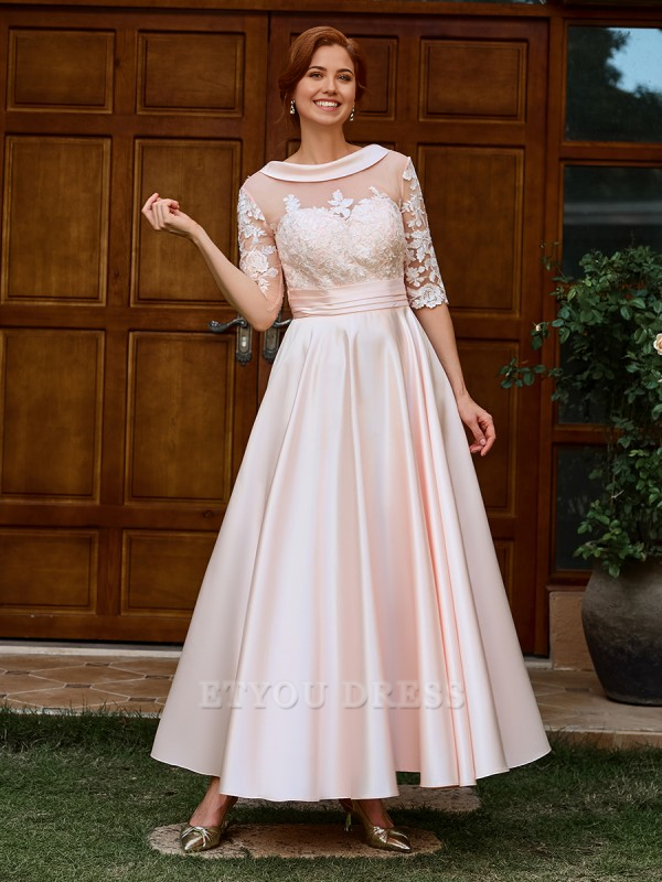 A-line Elegant Appliques Lace 1/2 Sleeves Ankle-Length Satin formal dresses evening gown Prom Dress Mother of the Bride Dress