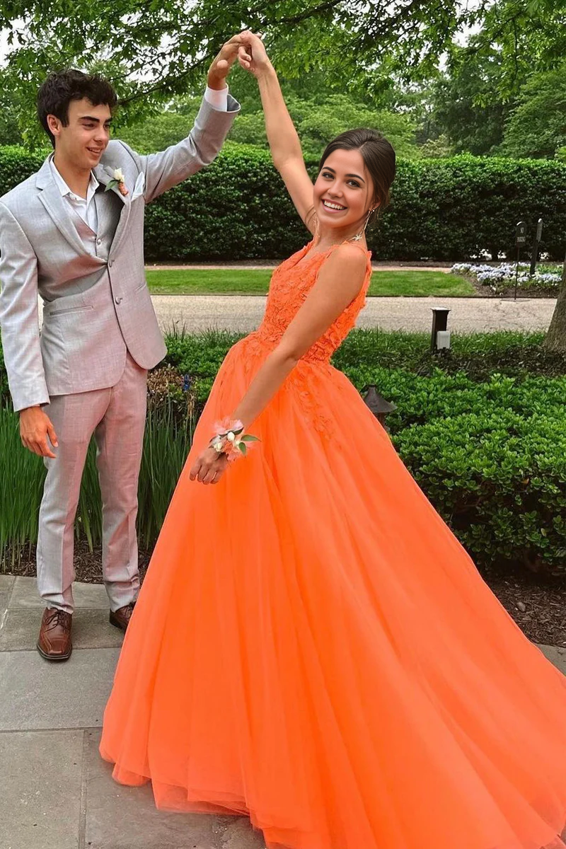 A-Line V Neck Romantic Orange Tulle Long Prom Dresses with Appliques