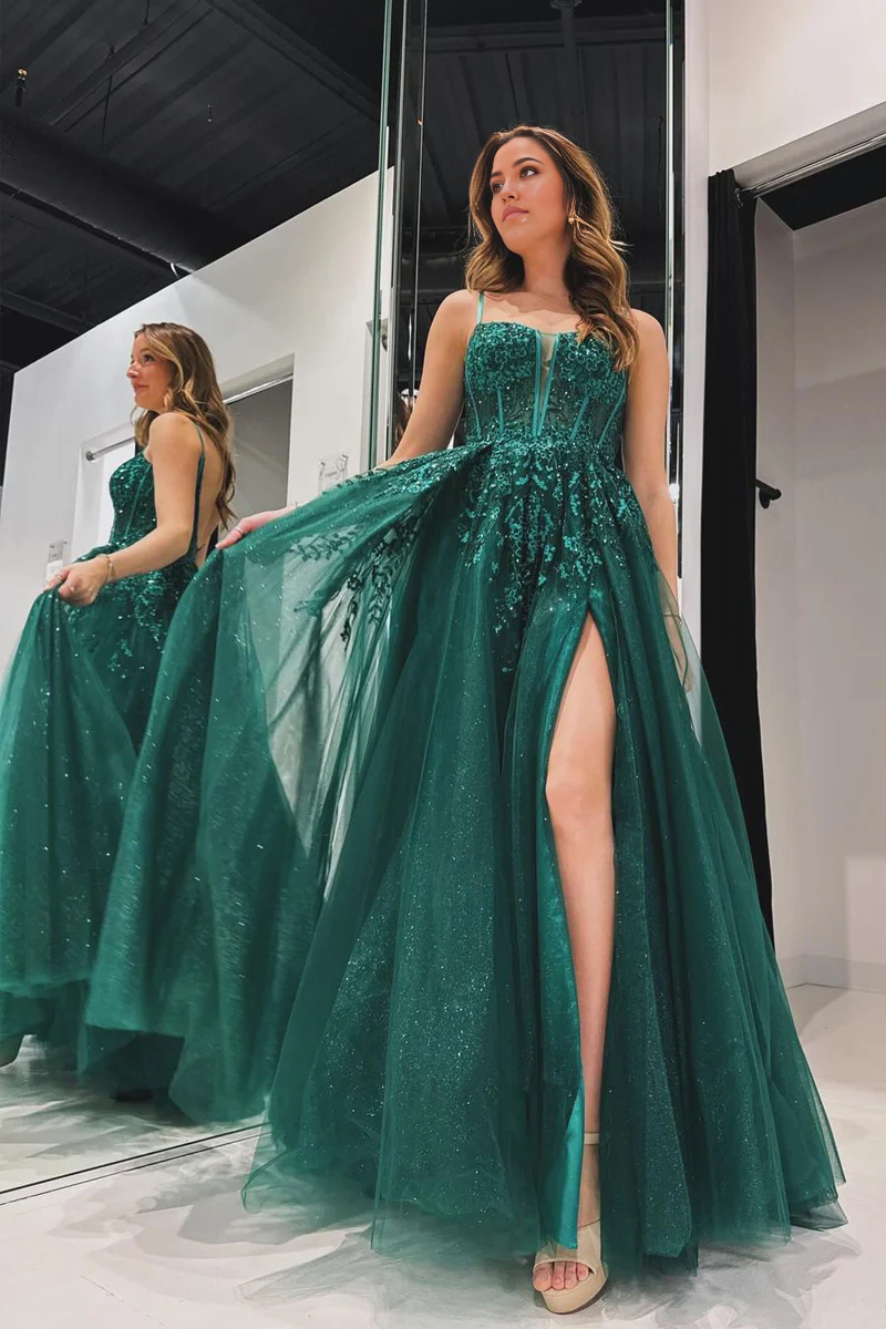 A Line Spaghetti Straps Green Tulle evening gowns Prom Dress with Appliques