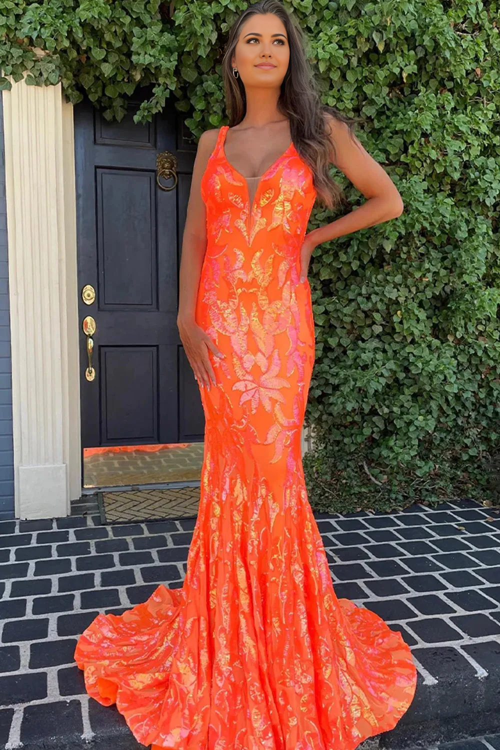 Mermaid Sparkly Sequin V-Neck Orange Long formal dresses evening gown Prom Dress Homecoming Dress