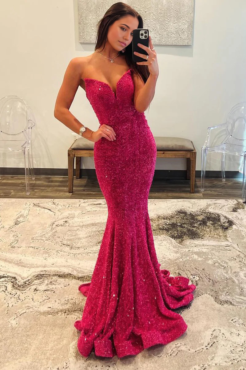 Mermaid Strapless Sequins Fuchsia Long Prom Dress