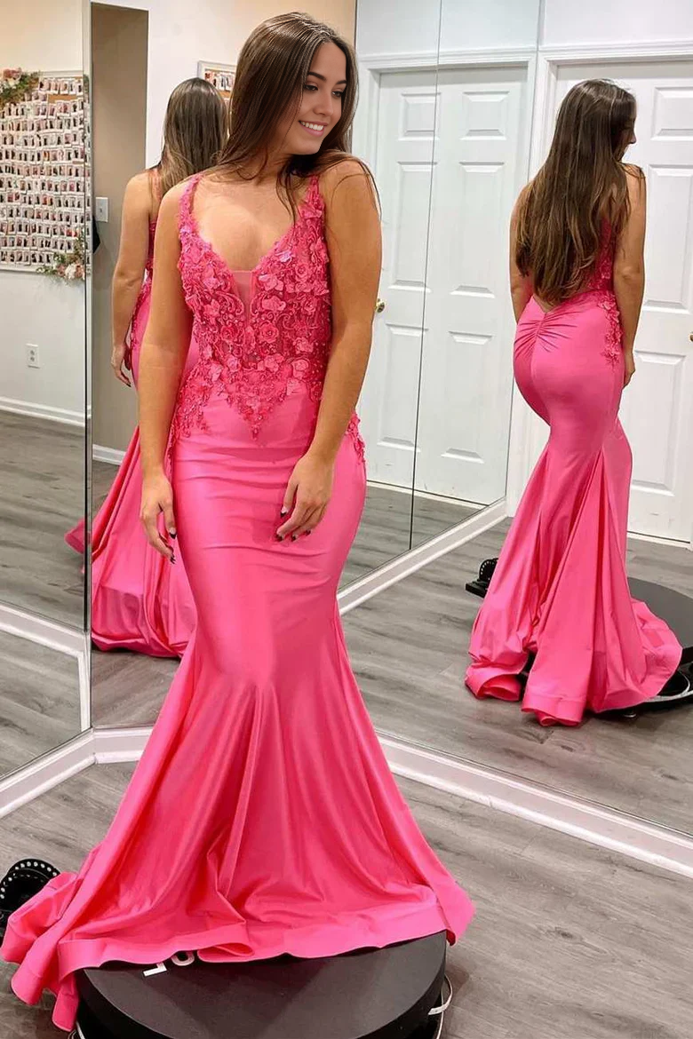 Mermaid Charming V Neck Fuchsia Sparkly Satin Long Prom Dresses with Appliques