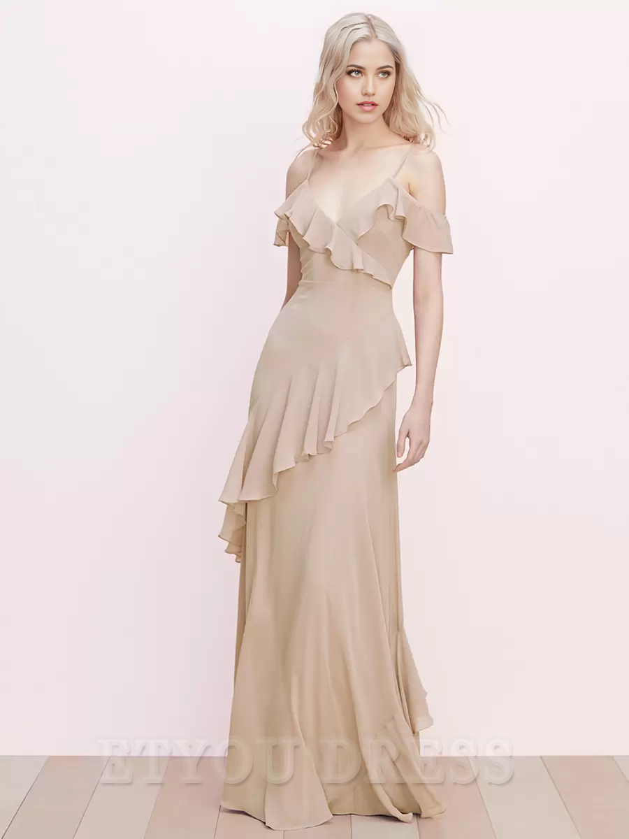 A-Line Ruffled Spaghetti Straps Backless Chiffon formal dresses evening gown Prom Dress