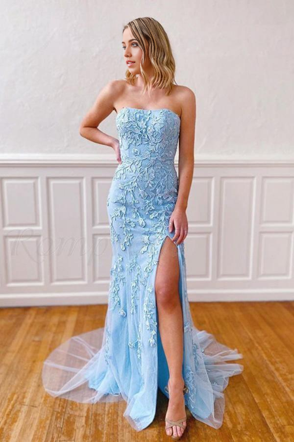 Mermaid Strapless Split Sky Blue Formal evening gown Prom Dress With Lace