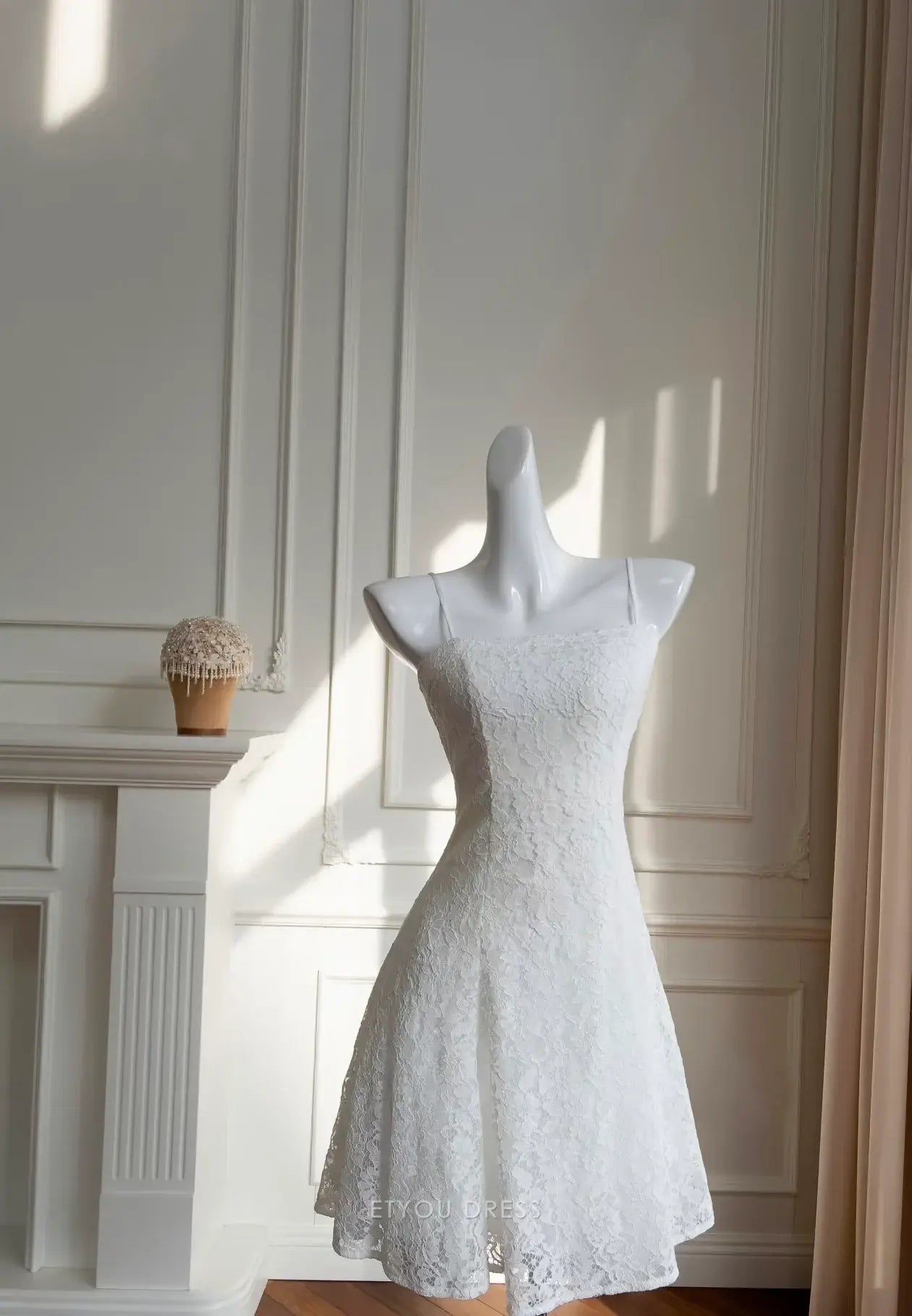 A-line Spaghetti Straps Lace Short White formal dresses Bridesmaid Dresses evening gown Prom Dress Homecoming Dress