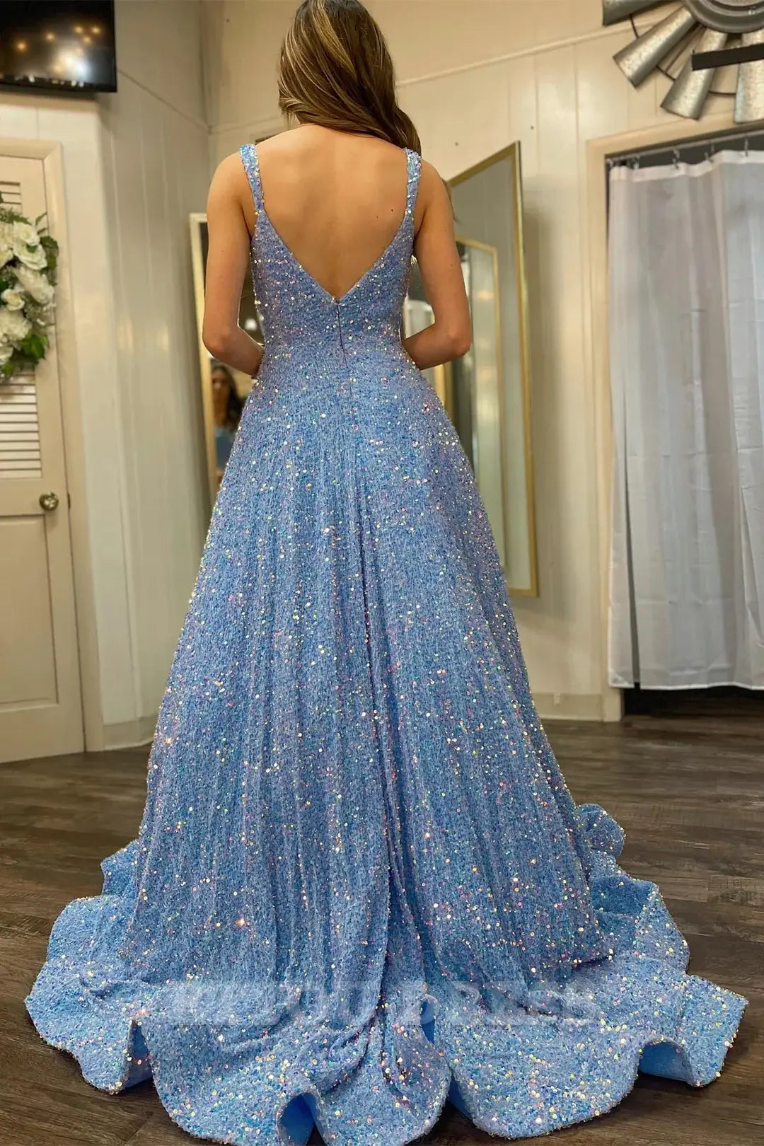 A-line Sequin Square Neck Open Back Red formal dresses Bridesmaid Dresses evening gown Prom Dress