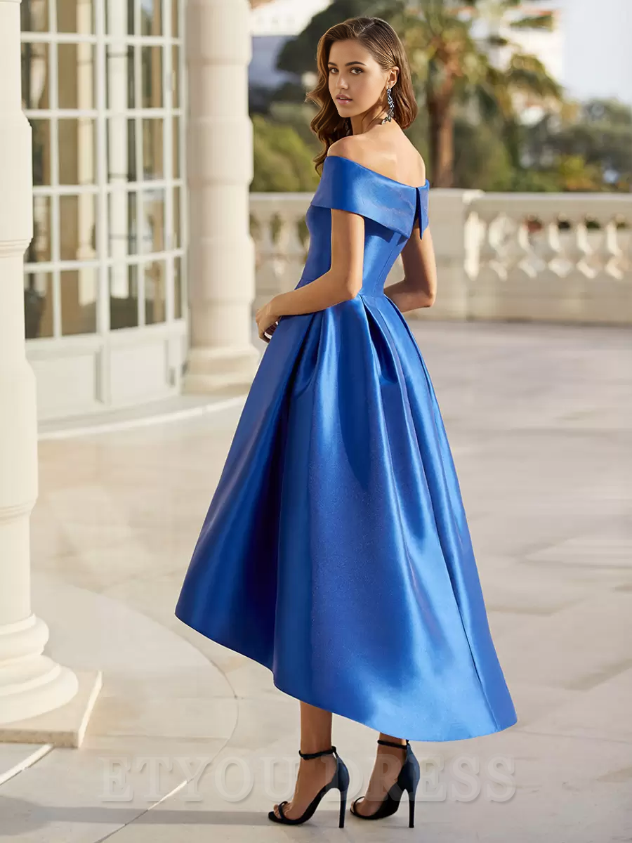A-line Elegant Off-The-Shoulder Short Tea-Length Satin formal dress evening gown Wedding Guest Dresses Prom Dress