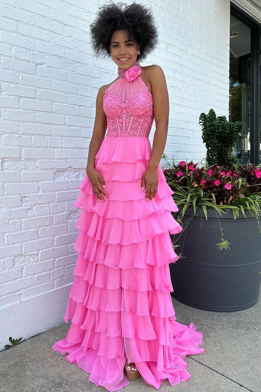A-Line Halter Neck Lace Top Long Tiered Chiffon Pink evening gown Prom Dress