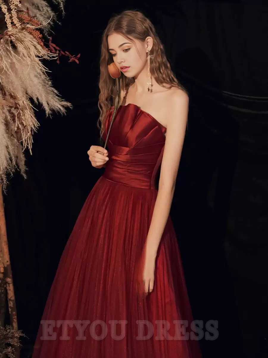 A-Line Strapless Floor-Length Sleeveless Lace-up Pleated Satin formal dress evening gown Wedding Guest Dresses Prom Dress