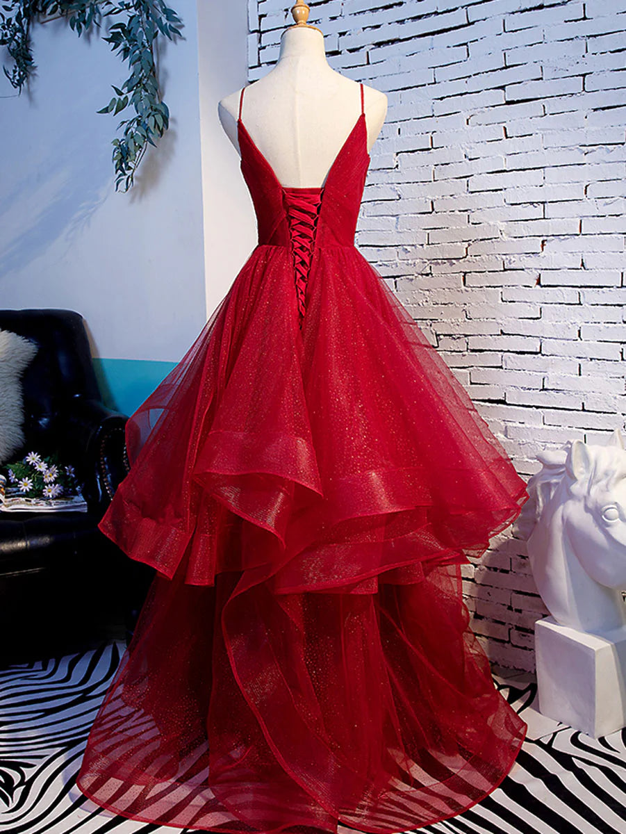 V neck tulle long prom dress