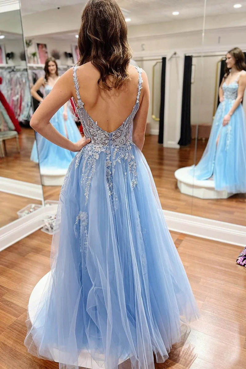 A-Line Cute Sweetheart Light Blue Tulle Long Prom Dresses with Appliques