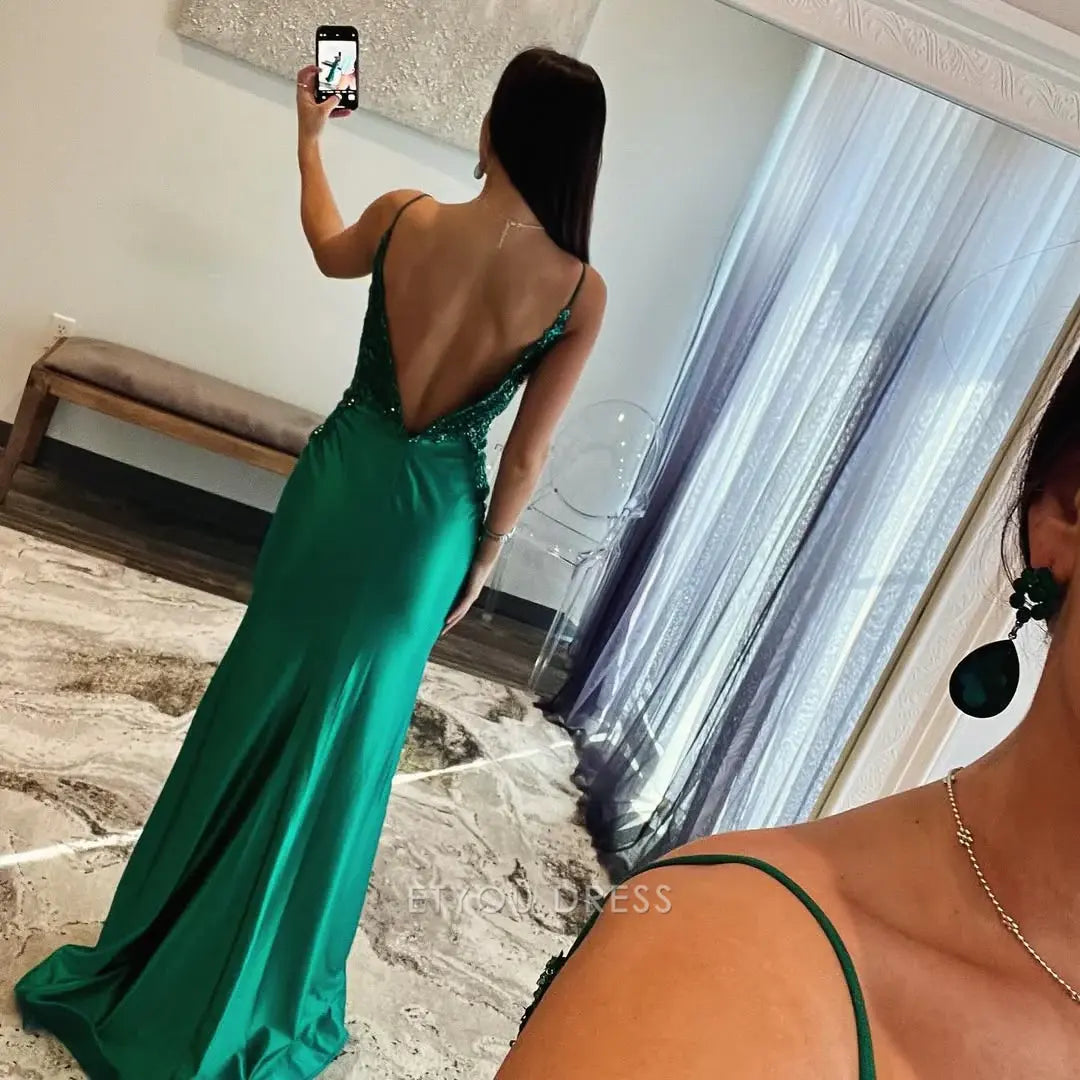 Mermaid V Neck Spaghetti Straps Green Long formal dresses Bridesmaid Dresses evening gown Prom Dress