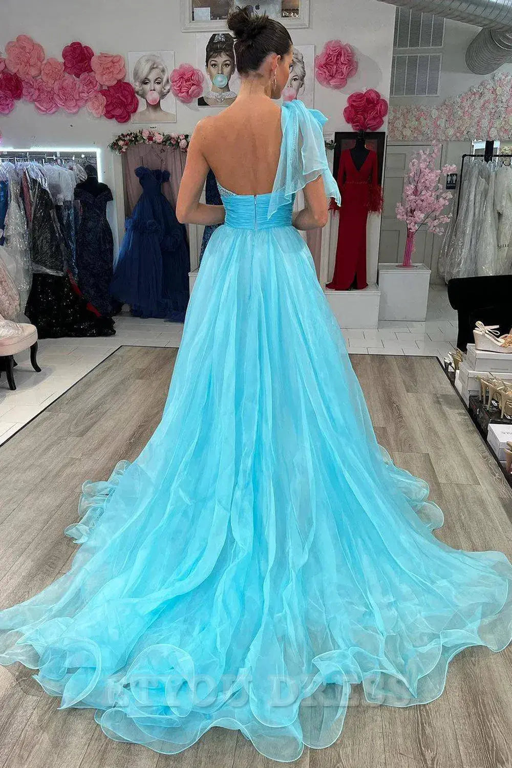 A Line One Shoulder Grand Beauty Sky Blue Long formal dresses Bridesmaid Dresses evening gown Prom Dress with Beading