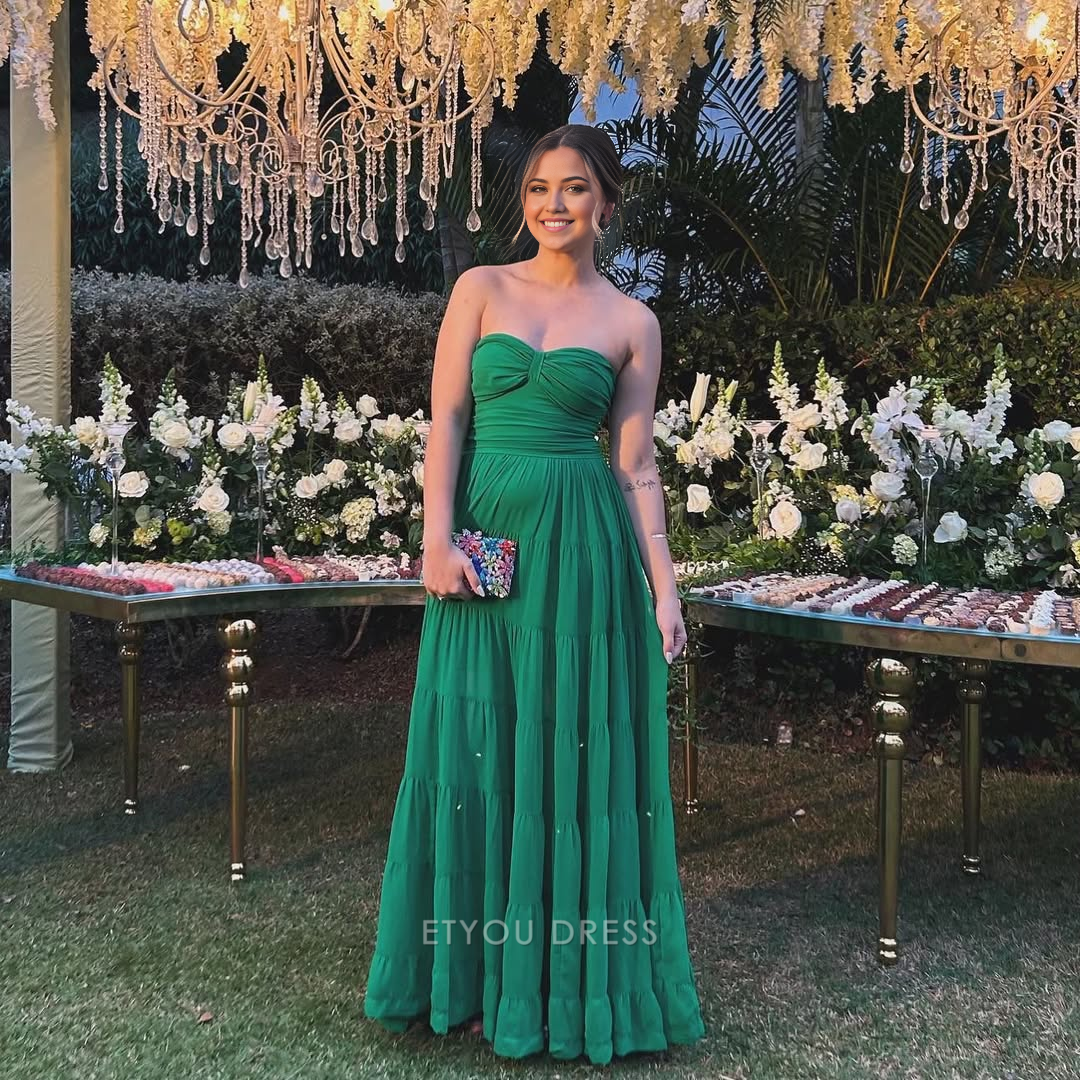A Line Strapless Chiffon Green Long formal dresses Bridesmaid Dresses evening gown Prom Dress