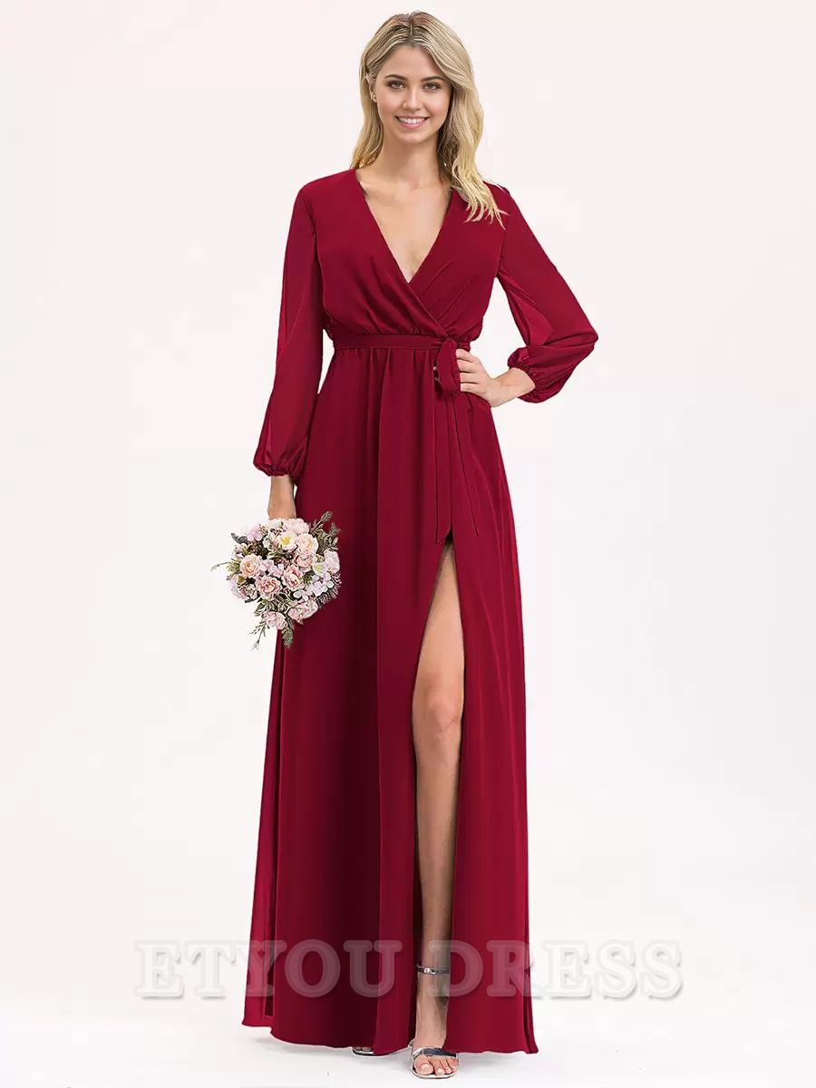 A-line V-Neck Long Sleeve Chiffon Ball Gown Floor-Length formal dresses Bridesmaid Dresses evening gown Prom Dress