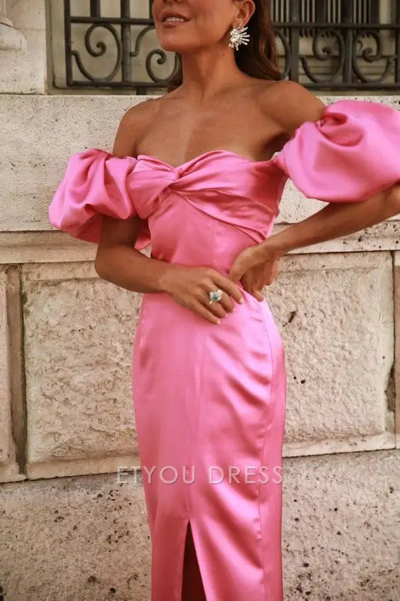 Sheath Off The Shoulder Satin Pink Long formal dresses Bridesmaid Dresses evening gown Prom Dress