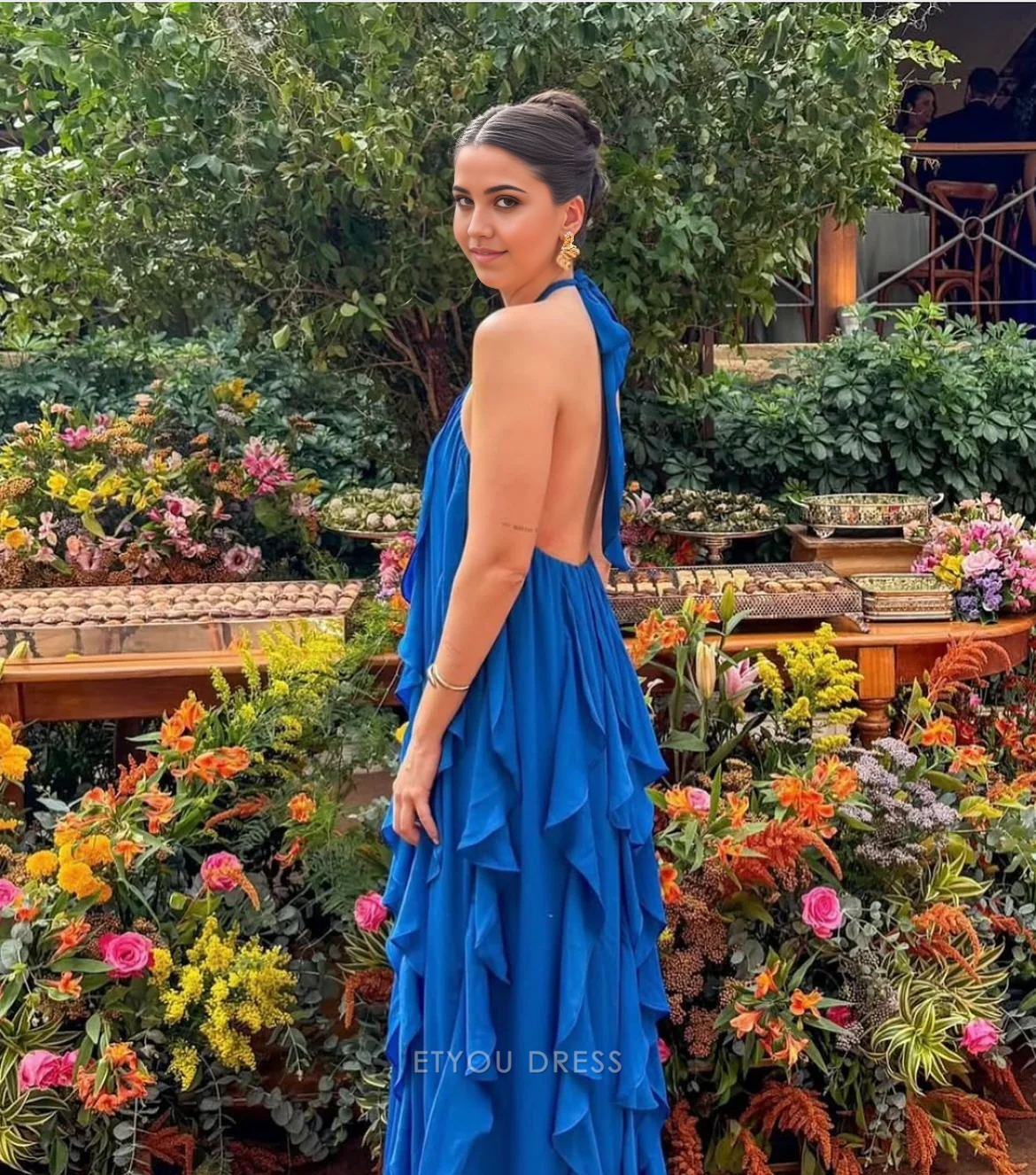 A Line Halter Ruffle Chiffon Blue formal dresses Bridesmaid Dresses evening gown Prom Dress