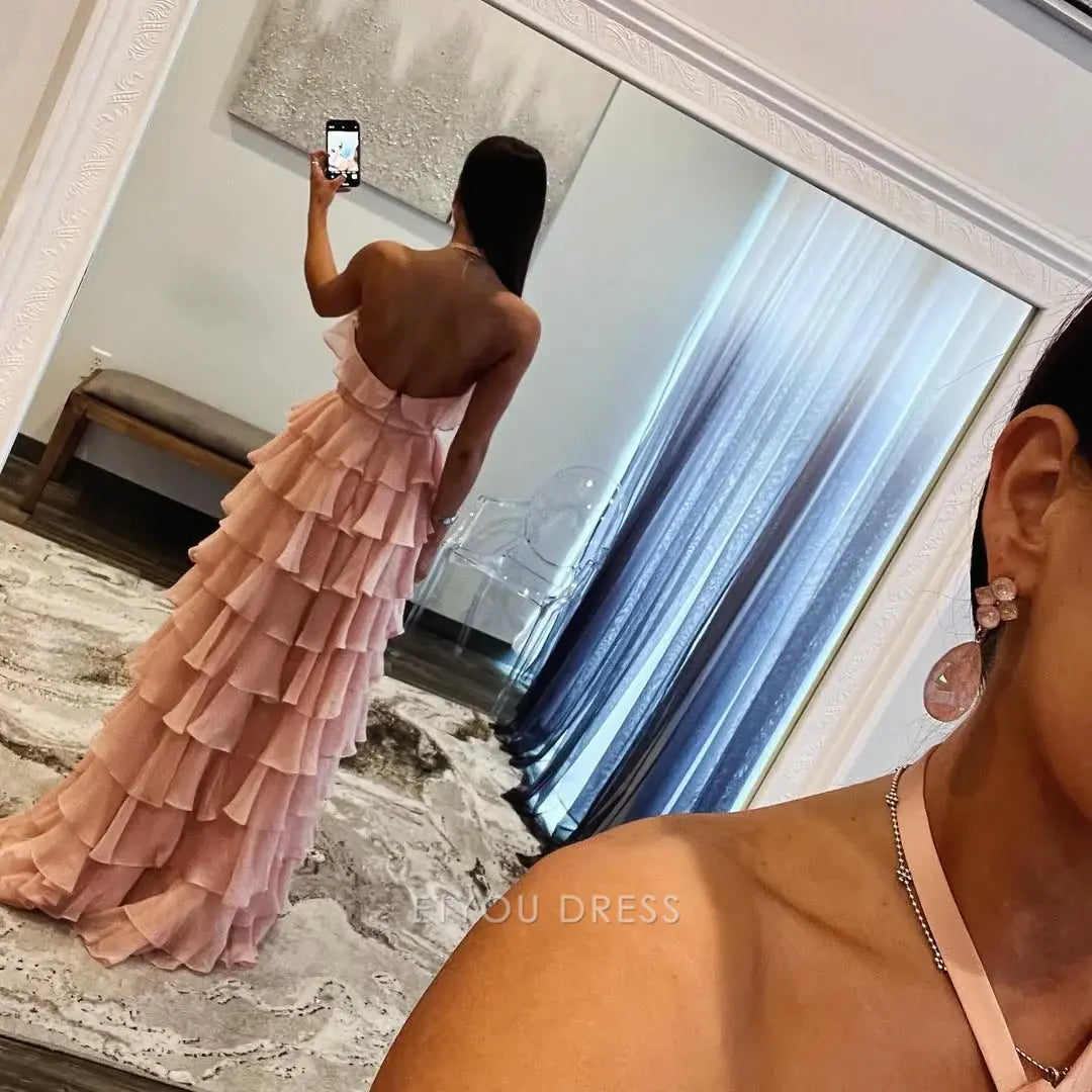 A Line Halter Tiered Pink Long formal dresses Bridesmaid Dresses evening gown Prom Dress