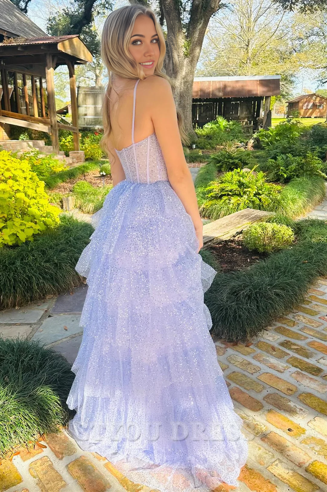 A-line Spaghetti Straps Tulle Sequin Ruffle Tiered Lavender Long formal dresses evening gown Prom Dress