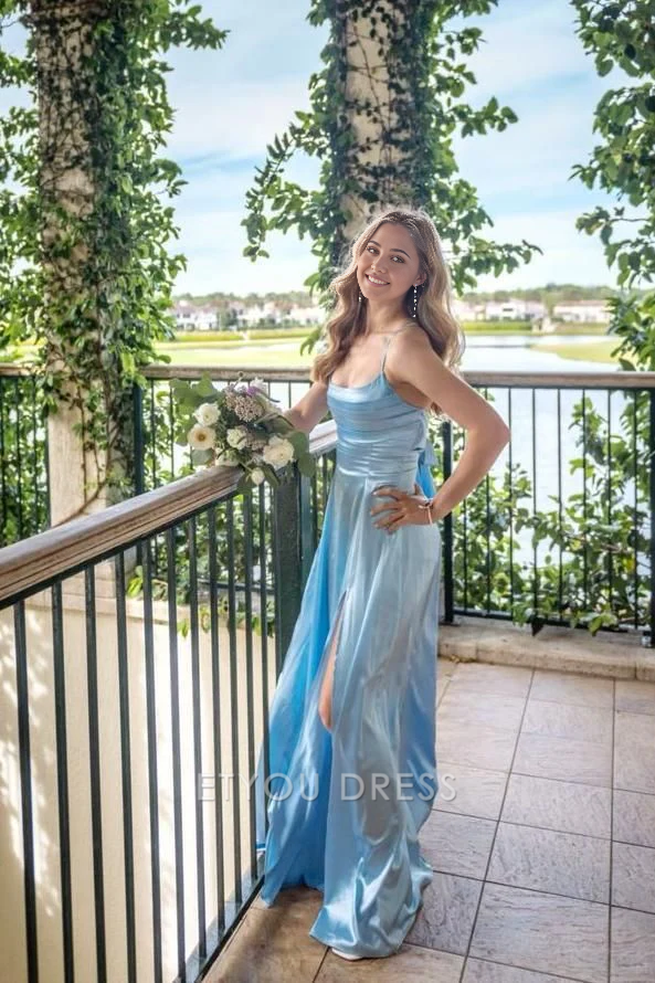 A line Straps Blue Satin formal dresses Bridesmaid Dresses evening gown Prom Dress