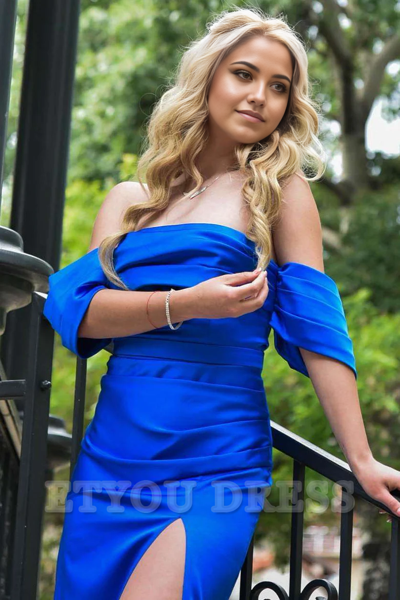 Sheath Off-Shoulder Pleated Satin High Slit Long formal dresses Bridesmaid Dresses evening gown Prom Dress